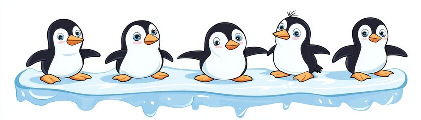 Obraz premium Five playful penguins slide on ice showcasing their charming personalities and winter fun