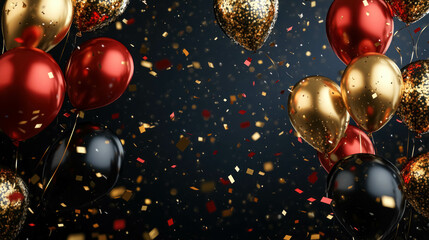 Promotion Black Friday Background With Golden And Red Balloons Amidst Glittering Confetti. Black Friday Background