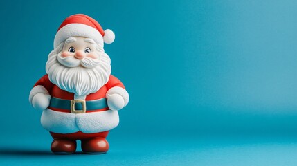 A cheerful Santa Claus figurine stands on a blue background, embodying the festive spirit of Christmas.