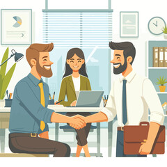 People shaking hands at work - Two businesspeople, man and woman doing handshake in office at work while smiling over business agreement and deal. Flat design stock illustration on white background