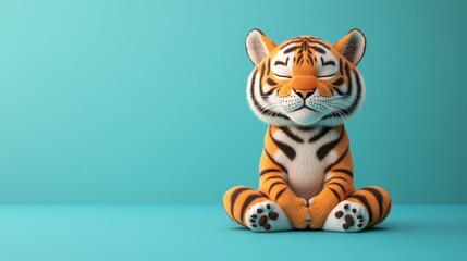 Fototapeta premium A cute, cartoonish plush tiger sits calmly against a turquoise background, showcasing its vibrant orange and black stripes and friendly expression.