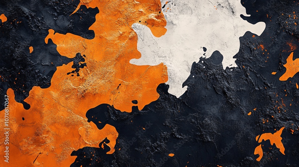 Poster a vibrant abstract pattern featuring bold black, orange, and white colors, creating a dynamic and te