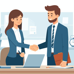 People shaking hands at work - Two businesspeople, man and woman doing handshake in office at work while smiling over business agreement and deal. Flat design stock illustration on white background