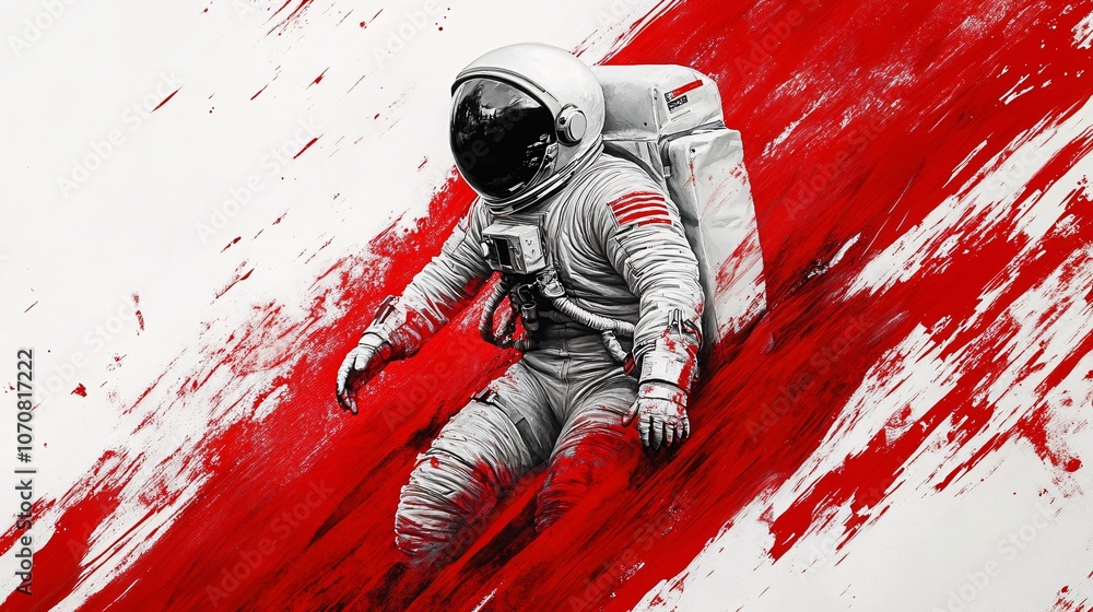 Poster an astronaut floats through a dynamic red background, creating an intense and surreal space-themed v