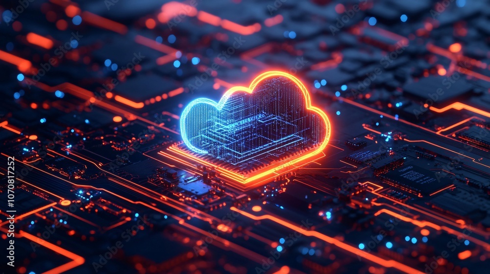 Poster a glowing cloud icon symbolizing cloud computing on a circuit board background, showcasing digital t