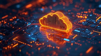 A glowing cloud symbol over a blue circuit background, representing cloud computing technology and digital data storage concepts.