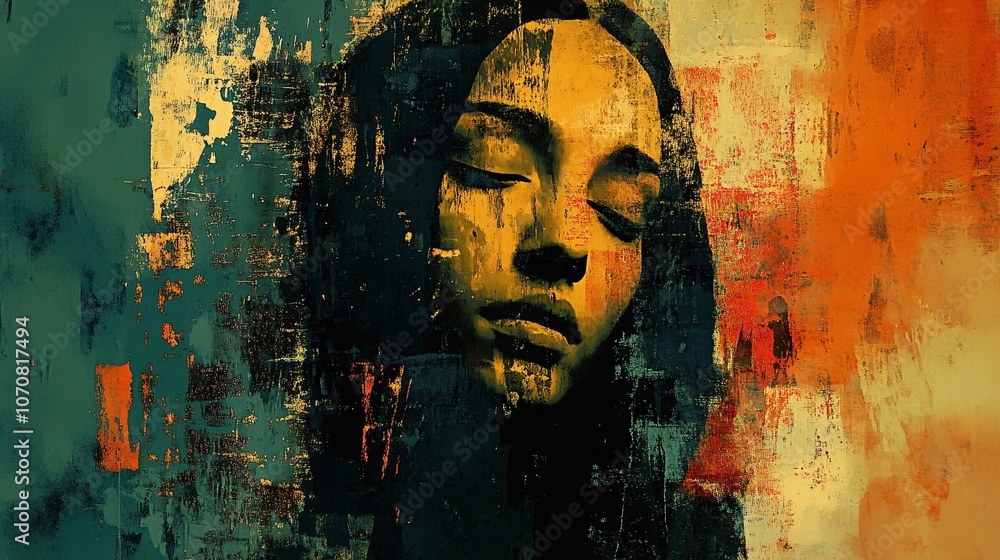 Poster a haunting portrait of a woman, blending abstract colors and textures, evoking emotions and depth in