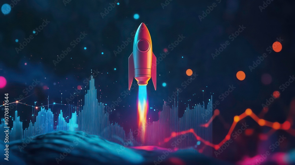 Poster A rocket launches into a cosmic scene with vibrant data visualizations.