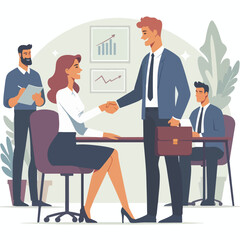 People shaking hands at work - Two businesspeople, man and woman doing handshake in office at work while smiling over business agreement and deal. Flat design stock illustration on white background