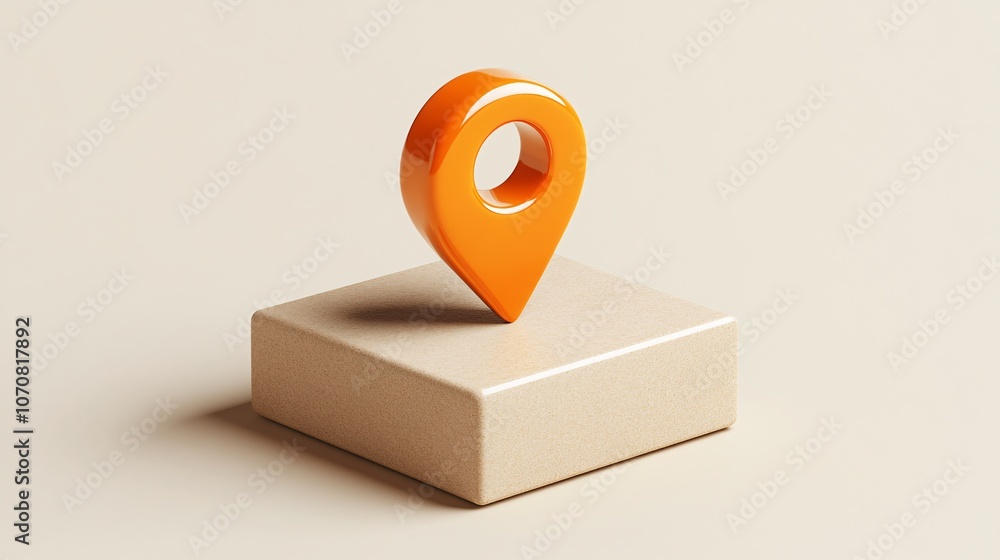 Poster a stylized orange location marker placed on a light beige block against a neutral background, symbol