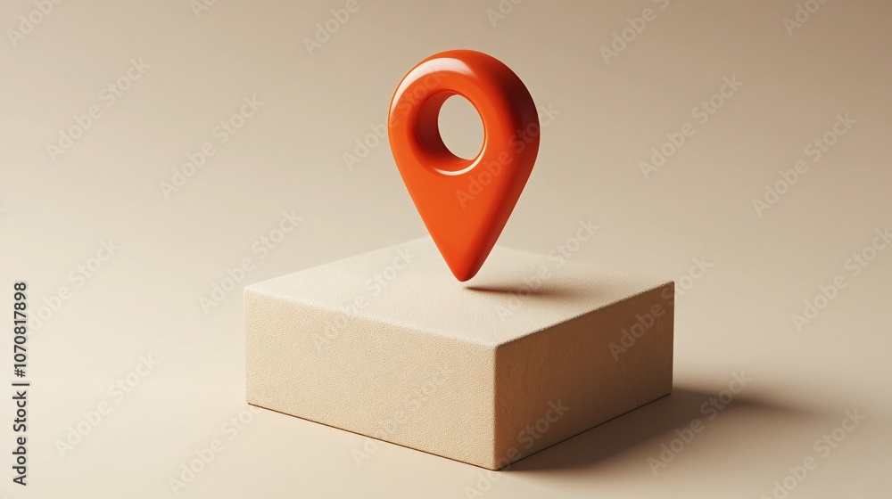 Poster a vibrant orange location pin rests on a textured beige surface, symbolizing navigation and finding 