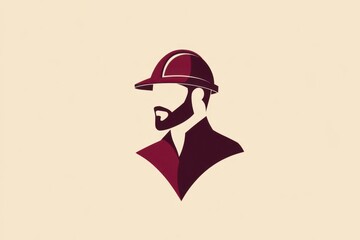 Minimalist illustration of a bearded construction worker wearing a construction hard hat, presented with clean lines and simple forms against a neutral background Logo and Icon Concept