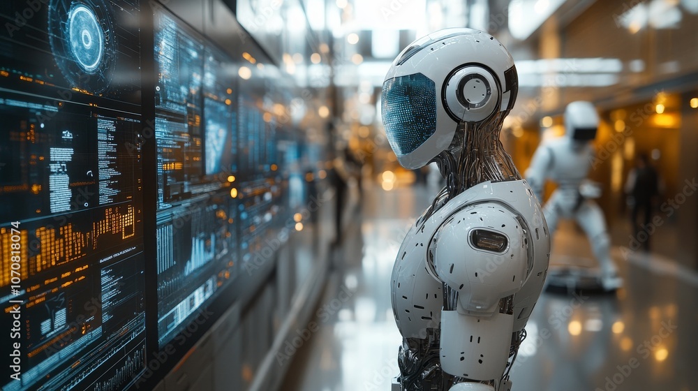 Aufkleber futuristic workspace featuring advanced ai units engaged in data analysis during the day