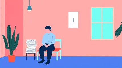 A person sits alone in a colorful room while contemplating a stack of papers
