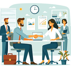People shaking hands at work - Two businesspeople, man and woman doing handshake in office at work while smiling over business agreement and deal. Flat design stock illustration on white background