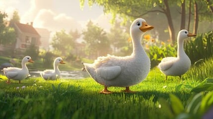 Close-up of several white geese on a green lawn, with vivid sunlight highlighting their feathers, set against a vibrant natural backdrop.