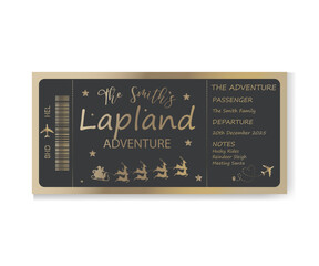 An airplane golden ticket. Christmas ticket with Santa and reindeer. Printable vector image	