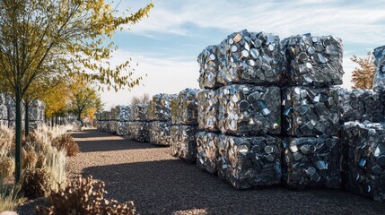 Structured recycling yard with bales of aluminum, showcasing eco-conscious metal management.