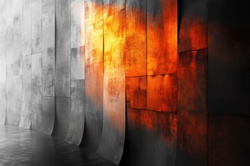 Abstract metallic wall with striking orange glow in a dramatic industrial setting