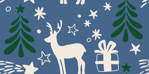 Seamless pattern of decorative Christmas reindeer and star. Hand drawn holiday symbol, deer silhouette. Happy New Year vector sketch illustration for greeting card, wallpaper, wrapping paper, fabric