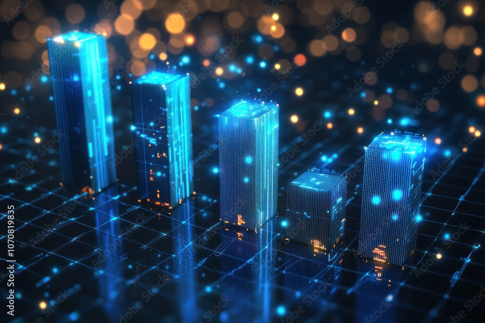 Poster digital skyscrapers on a grid network with bokeh lights