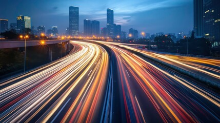 Fototapeta premium A vibrant cityscape at dusk with light trails from moving vehicles on a busy highway.