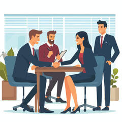Obraz premium People shaking hands at work - Two businesspeople, man and woman doing handshake in office at work while smiling over business agreement and deal. Flat design stock illustration on white background