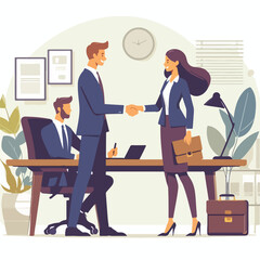 People shaking hands at work - Two businesspeople, man and woman doing handshake in office at work while smiling over business agreement and deal. Flat design stock illustration on white background