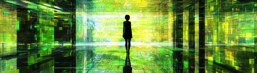Poster exploring the ethereal dimensions of light and shadow in a surreal digital landscape