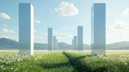 Fototapeta premium Explore the serene landscape of abstract monoliths amidst flourishing fields and majestic mountains