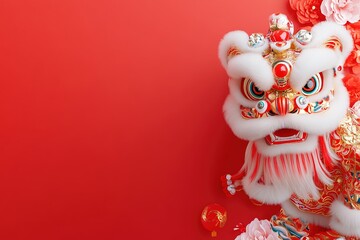 Obraz premium A red dragon with gold accents is standing on a red background , with ample copy space for text.