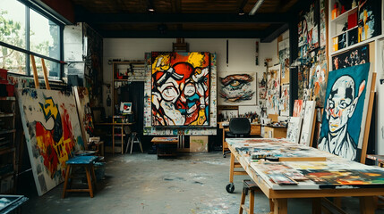 Obraz premium A messy art studio with colorful paintings on canvases, an easel, and a table full of art supplies.