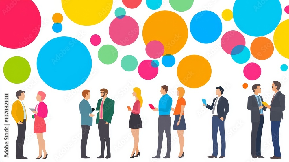 Poster engaging groups of professionals networking and collaborating in a colorful modern environment