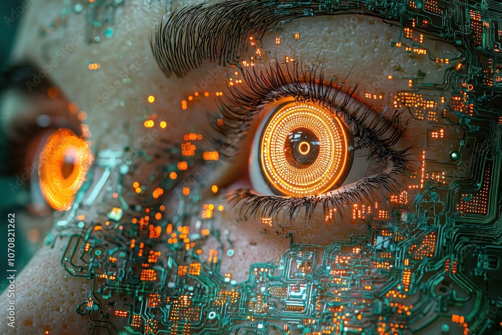 Poster a close-up of an eye with a glowing circuit board pattern