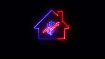 Housing Market icon Real estate market growth and home investment concept home. Real estate economic growth analysis. Neon line of Dollar sign with up arrow inside house icon on transparent background - Powered by Adobe