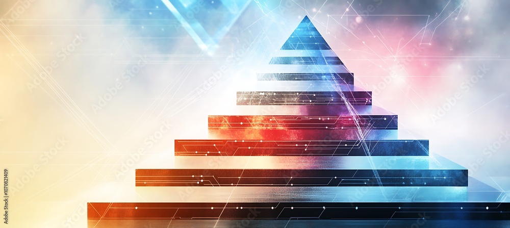 Poster a conceptual image of a business pyramid with different levels representing growth, set against a di
