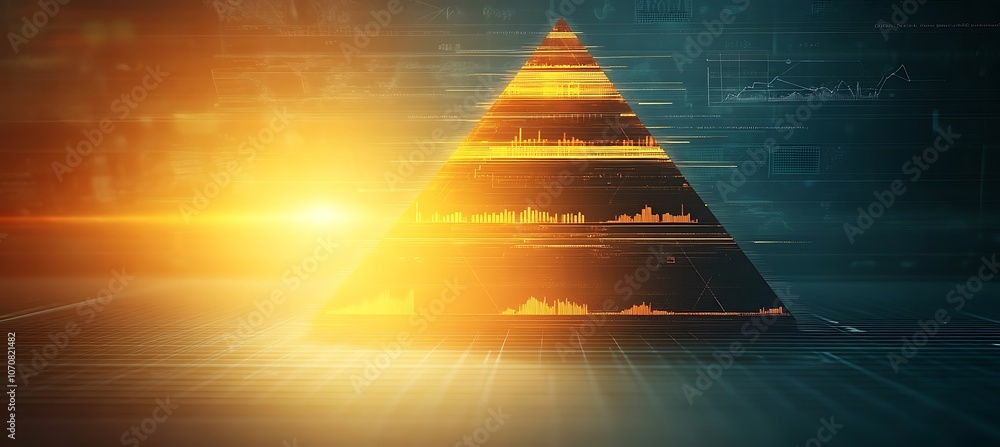 Poster a conceptual image of a business pyramid with different levels representing growth, set against a di