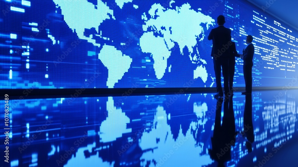 Poster business professionals strategically analyze global data visualizations in a modern workspace enviro