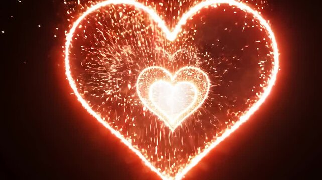 A heart made of fire is lit up in the dark. The heart is surrounded by sparks and flames, giving it a fiery and passionate appearance. Concept of love and intensity