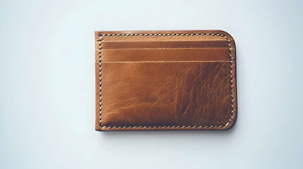 A minimalist brown leather card holder with three slots for cards on a white background.