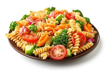 Fresh garden rotini pasta salad with colorful vegetables served on a brown plate against a white background. Generative AI