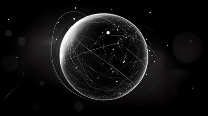 Naklejka premium Abstract illustration of a glass-like sphere with glowing lines and stars on a dark background.