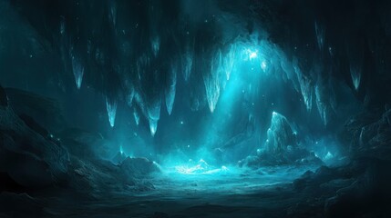 Underground cave with luminescent mineral formations, glowing softly and illuminating the space.