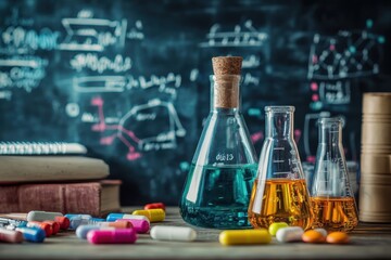 Colorful lab glassware with liquids and capsules in a science classroom study session