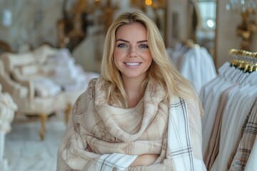 A smiling woman wearing an elegant shawl, standing in a luxury boutique with interior and clothes in background. 