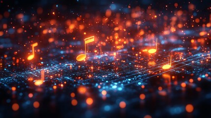 A vibrant AI hologram teaching music theory concepts in a futuristic digital environment
