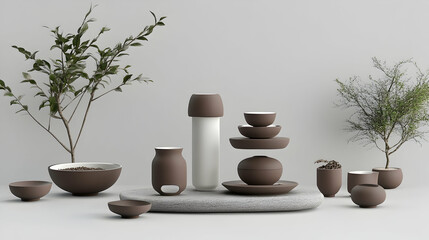 Fototapeta premium A minimalist still life with brown ceramic pottery on a stone platform, with a white bottle and two small potted trees against a white background.