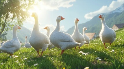 Obraz premium Flock of white geese standing on a grassy hill under bright sunshine, with open fields and blue skies creating a beautiful outdoor view.