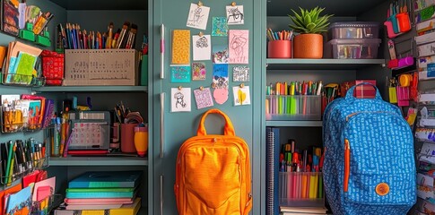 Naklejka premium A Colorful and Organized Storage Cabinet Filled with Art Supplies and Backpacks