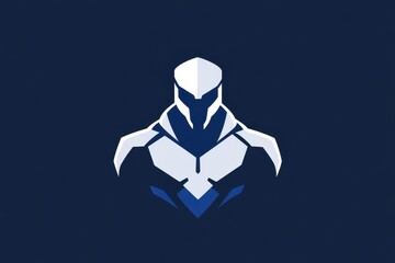 A minimalist logo featuring a stylized armored figure in shades of blue and white against a dark background